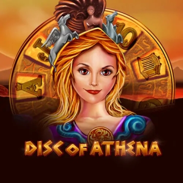 goddess athena with blonde hair standing in front of a golden disc