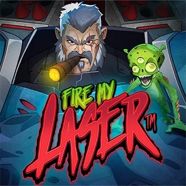 A man with cigar and an alien standing above fire my laser in text