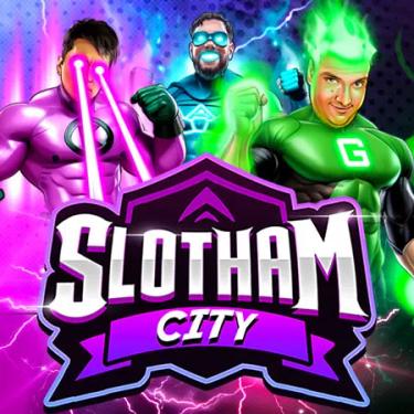 slotham city in text with superheroes around