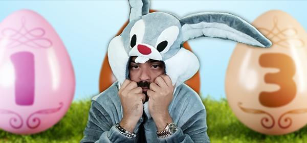 roshtein dressed in a grey and white bunny suit