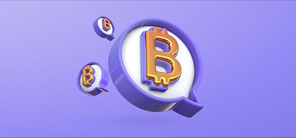 bitcoin logo in purple conversation bubbles