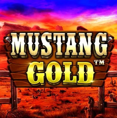 mustan gold slot logo mustang gold written in letter and desert panorama in the background
