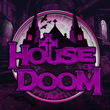 house of doom slot logo house of doom written in purple letters with haunted house behind