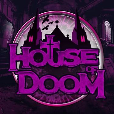 house of doom written in purple letters with haunted house behind