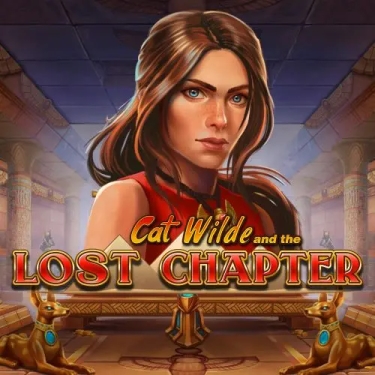 cat wilde and the lost chapter slot logo brown-haired woman and the slot title written in red letters