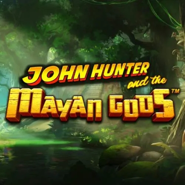 john hunter and mayan gods slot logo title of the slot written in yellow letter with forest in the background