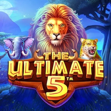ultimate 5 slot logo lion tiger and elephant behind the slot title written in yellow letters