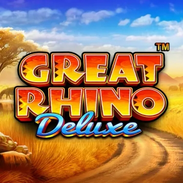 great rhino deluxe slot logo great rhino deluxe written in yellow letter on a savanna background