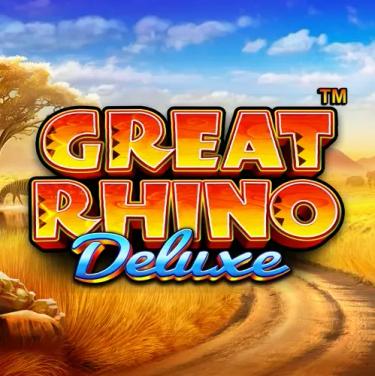 great rhino deluxe written in yellow letter on a savanna background
