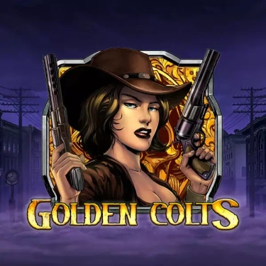 golden colts slot logo golden colts written in yellow letters with woman holding gun in backgroud