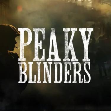 peaky blinders in white letters with a silhouette of a man in a dark