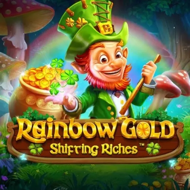 rainbow gold slot leprechaun in a green suit and a pot of golden coins