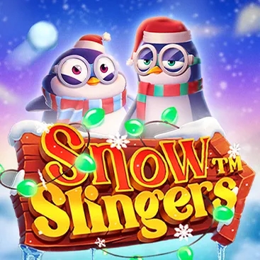 Snow Slingers Hacksaw Gaming two penguins standing behind the slot name written in text