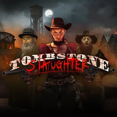 Tombstone Slaughter Slot NoLimit City Tombstone Slaughter in text with the game protagonists behind it