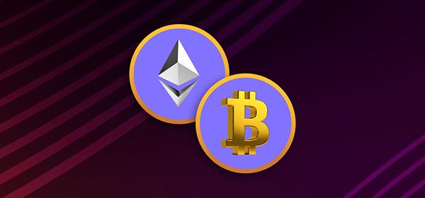 bitcoin and ethereum on purple background